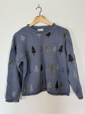 90s Slate Blue Crewneck Sweater with Embroidered Tree Motifs